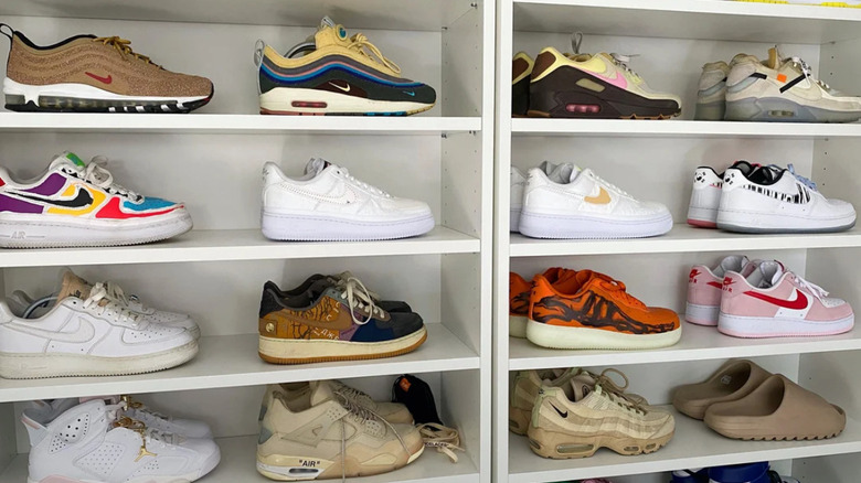 shoes displayed on an IKEA BILLY bookshelf
