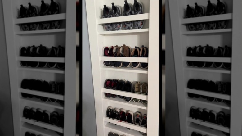 Recessed shoe storage behind a door