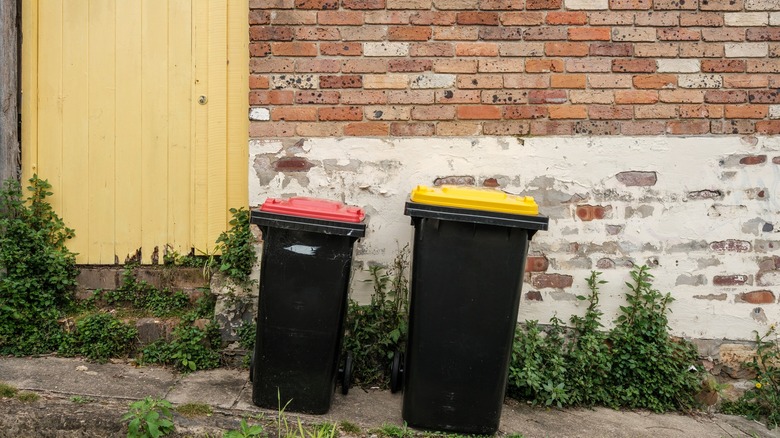Two trash bins sitting on a slope