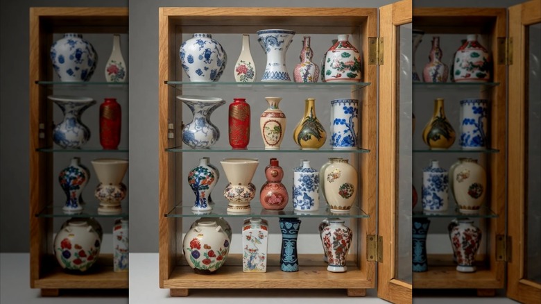 A collection of Franklin Mint mini vases is displayed in a wood cabinet