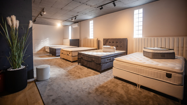 Mattress store with modern beds lined up in a room