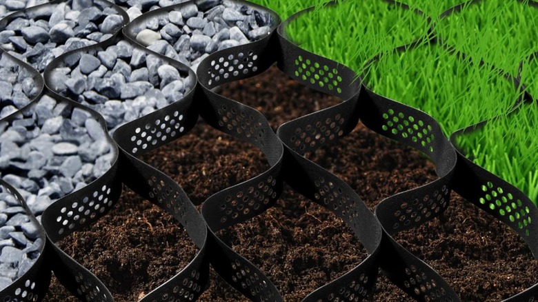 Plastic driveway grid showing cells filled with gravel, grass, and dirt
