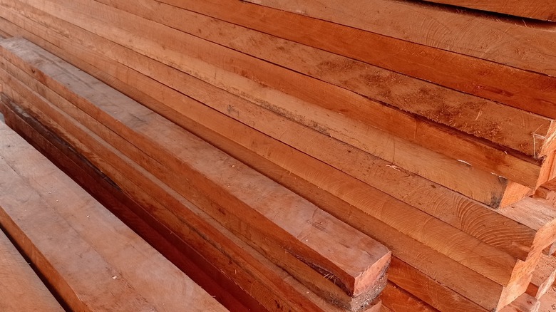 Pile of redwood lumber at the lumberyard