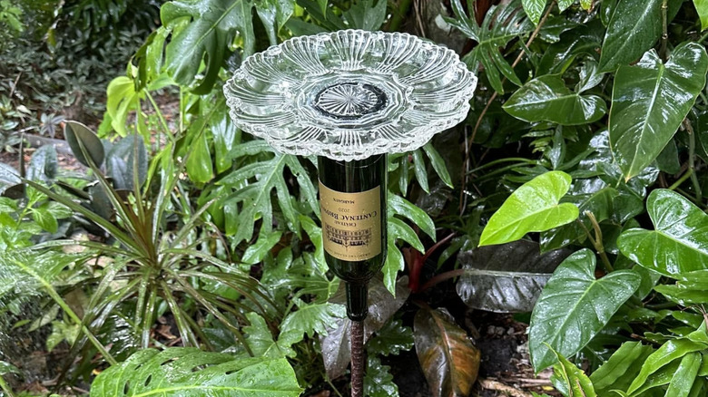 Birdbath made from glass dish and wine bottle in garden
