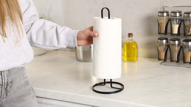 A person grabbing a paper towel from a traditional countertop holder in a kitchen.