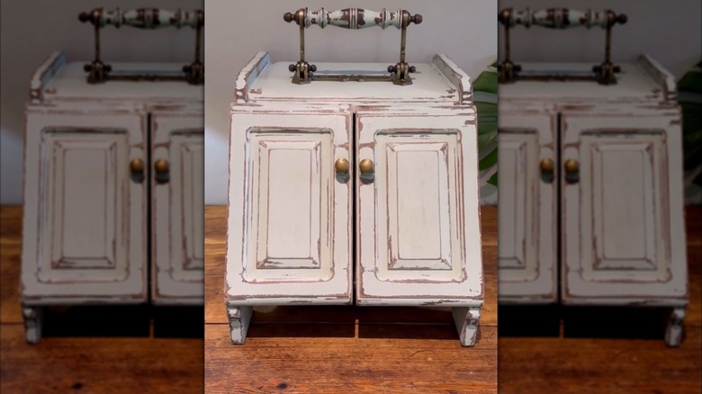 Antique wooden coal hod with white paint