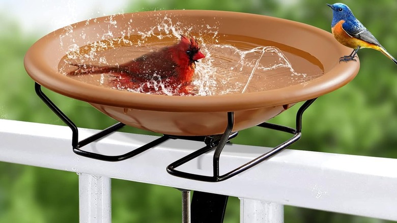 Two birds in a Jealoeur deck-mounted birdbath