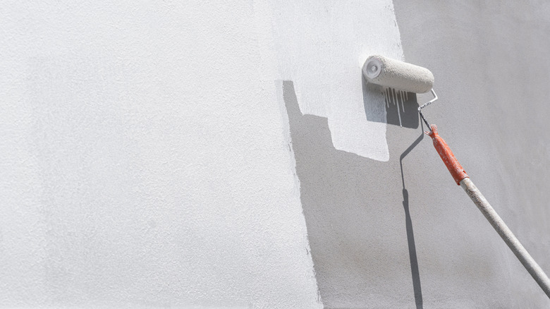 Person using a roller brush to paint concrete white