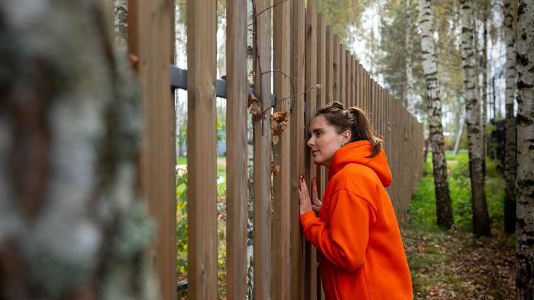 Person peeking through a traditional fence.