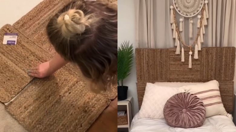 A split view with a woman arranging rattan placemats on the left and a completed boho headboard on the right