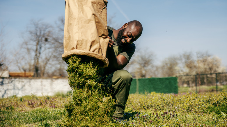 Man dumping grass clippings into the garden