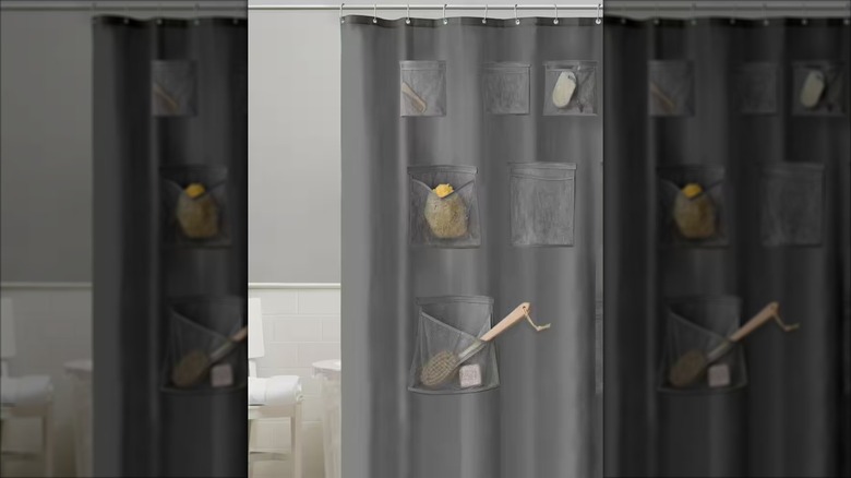 Zenna Home shower curtain with bathing essentials in the pockets