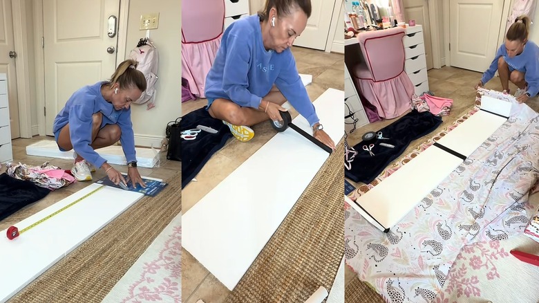 A woman is shown creating a DIY window treatment in three step-by-step photos