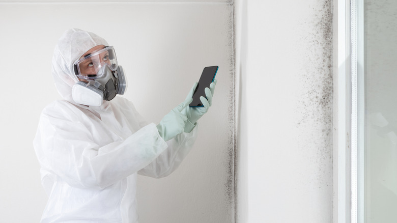 A mold inspector wears PPE while photographing a moldy wall