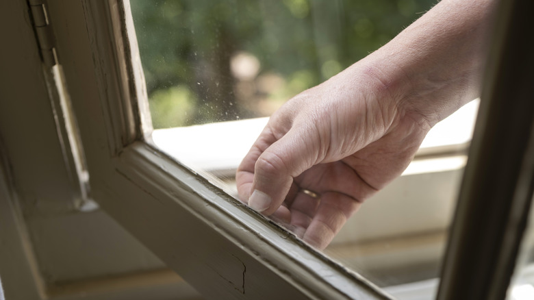A hand touches the seals of a window pane
