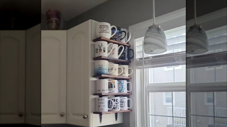 Shelves on cabinet holding mugs