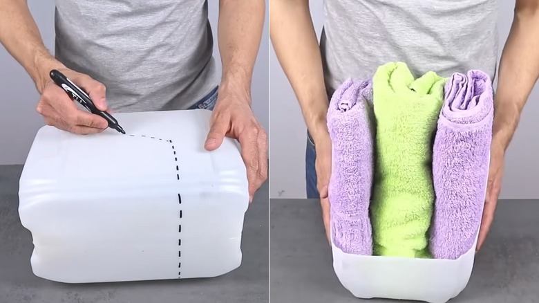 A split view of a person tracing a shape on a jug and holding a cut jug with towels in it