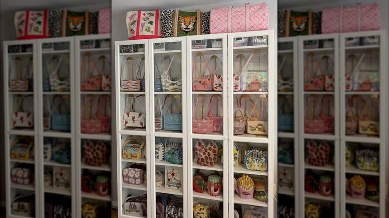 Two BILLY/OXBERG Bookcases with collection of brightly-colored purses