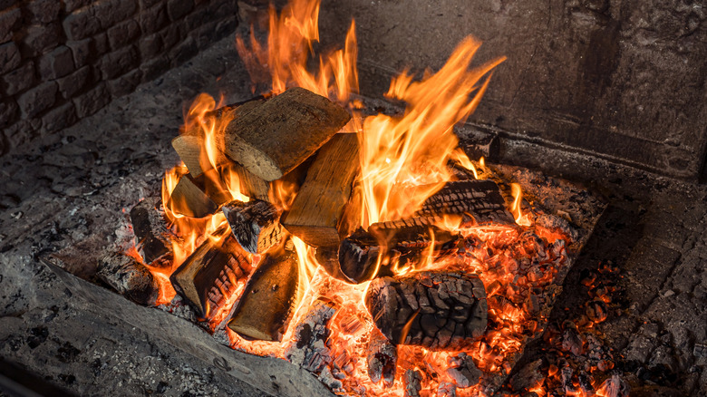 firewood burning in a fireplace