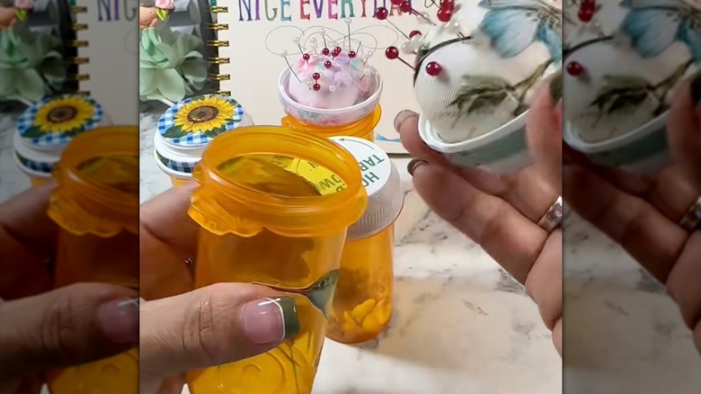Upcycled presription containers with pins and DIY pincushion lids