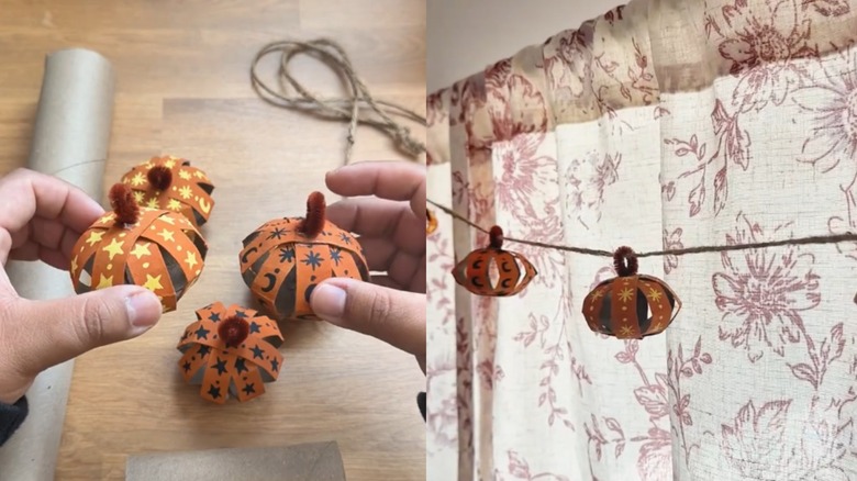 Side by side photos of small pumpkins made of toilet paper tubes and the pumpkins hanging over a window as a garland