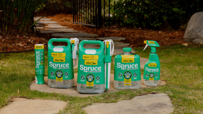 Spruce Weed & Grass Killer products in a line outdoors.
