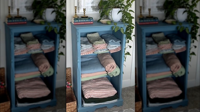 Bookcase turned into DIY linen storage solution
