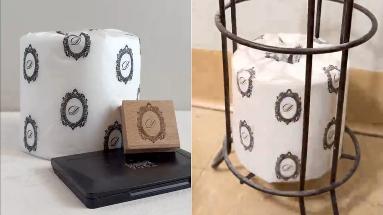 Custom-made toilet paper wrap using rubber stamp