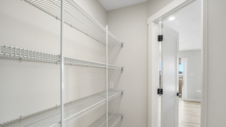Wire shelves in a pantry