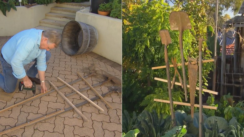 person DIYing garden tool trellis