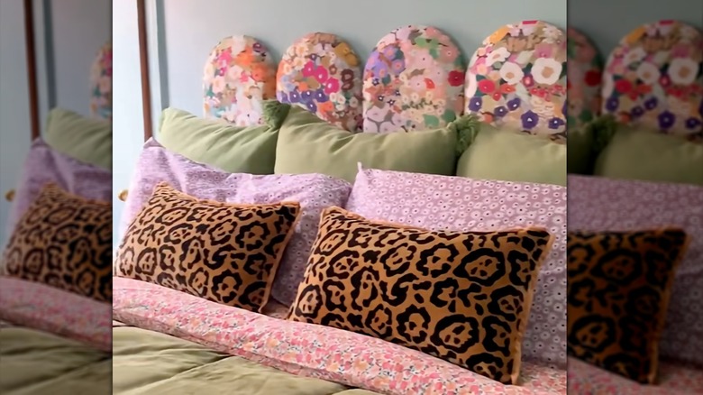 DIY floral upholstered arched panel headboard made with IKEA BILLY bookshelf parts