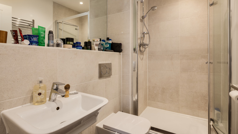 Cluttered and unorganized bathroom