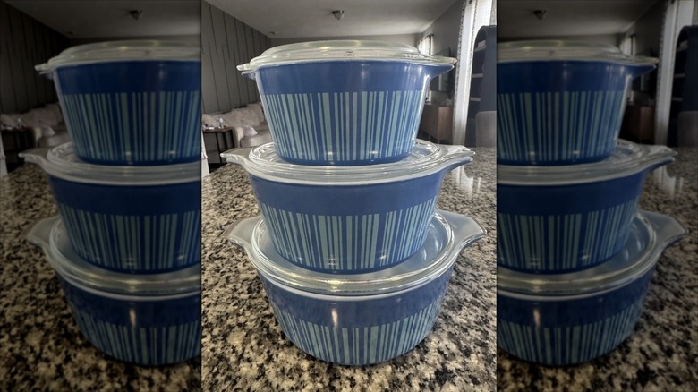 A three-piece set of Pyrex Blue Barcode Cinderella casserole dishes