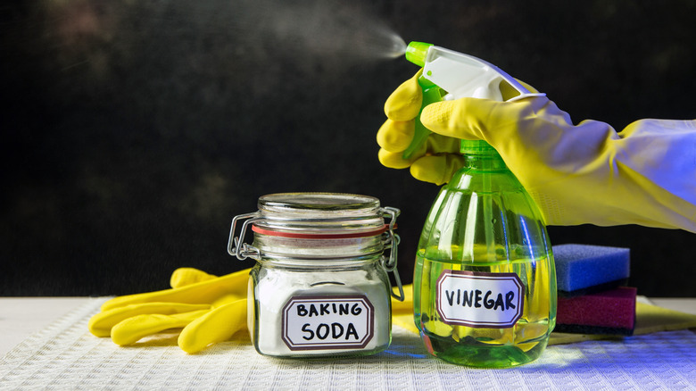 Someone making baking soda and vinegar spray