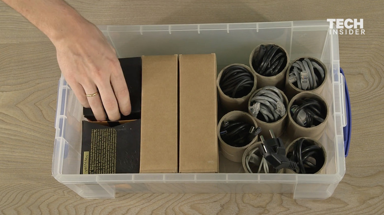 cables organized with cardboard tubes