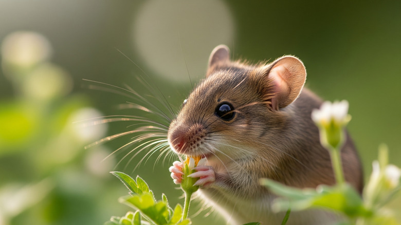 close-up of a mouse eating a flower