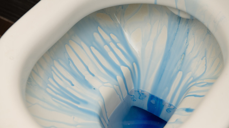 blue toilet cleaner in a toilet bowl