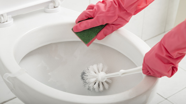 a person wearing rubber gloves cleans a toilet with a brush and sponge
