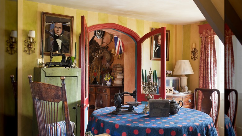 Assorted prints and patterns in eclectic dining room