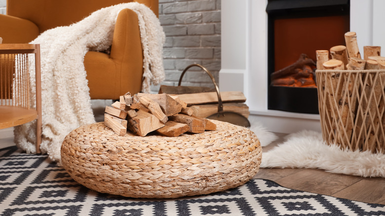 Rattan pouf among textured rugs and burnt orange chair