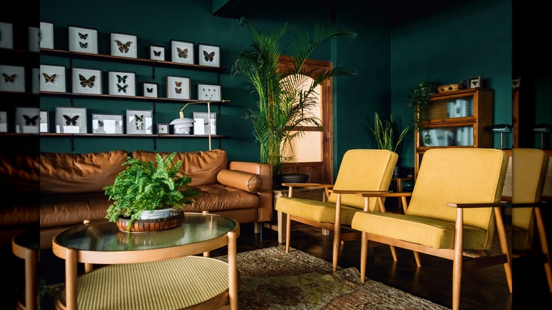 Deep earth-toned walls in a living room featuring terracotta and forest green colors
