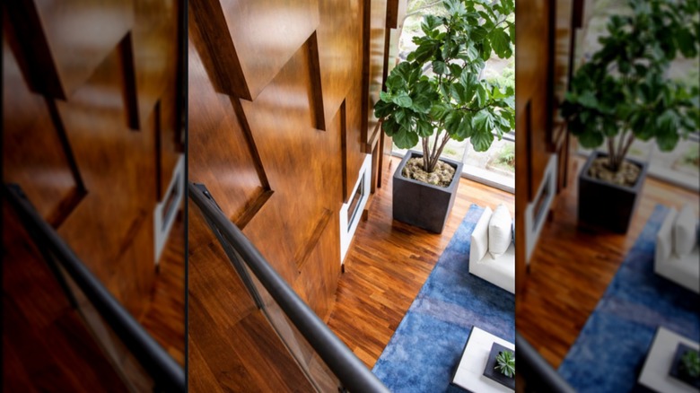 Bird's-eye view of rich wooden wall with angular design