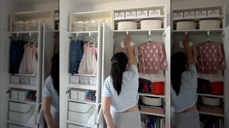 Two IKEA BILLY bookshelves with doors create a freestanding kid's wardrobe and storage cabinet