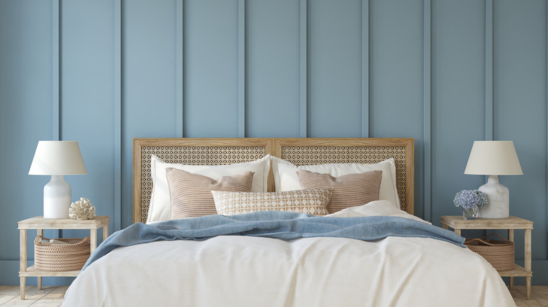 Blue bedroom with a soothing, low-contrast color palette.