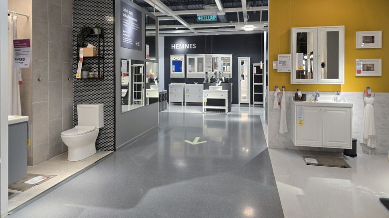 Inside of an IKEA showroom with bathroom displays