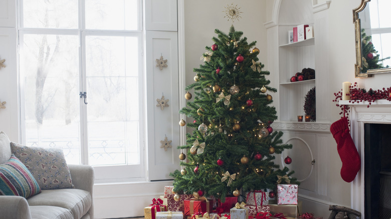 decorated Christmas tree in the corner of a living room by the window