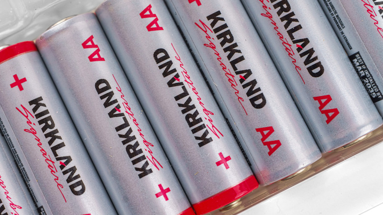 Close-up of Kirkland AA batteries