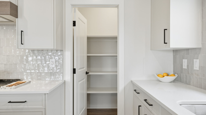 A white pantry door opens to an empty pantry