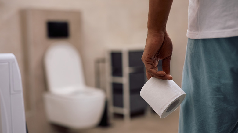 A hand in the foreground is holding a toilet paper roll with a toilet in the background