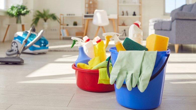buckets of cleaning supplies